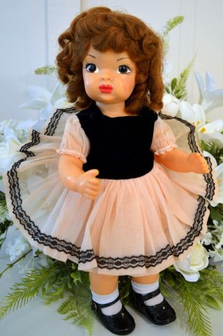 16” Vintage Terri Lee In Pink Organdy & Black Dress,  Auburn Hair