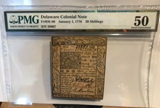 1776 Delaware Colonial Note 20 Shillings Fr De - 80 Pmg 50 About Unc January 1