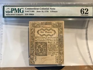 1776 Connecticut Colonial Note 6 Pence Fr Ct - 205 Pmg 62 Uncirculated June 19