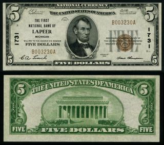 Lapeer Mi $5 1929 T - 1 National Bank Note Ch 1731 First Nb Choice Cu