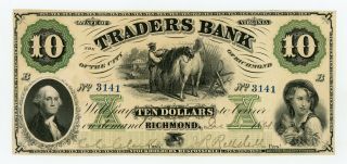 1861 $10 The Traders Bank - Richmond,  Virginia Note Civil War Era Au