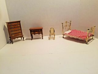 Miniature Doll House Furniture Metal Bed/rocking Chair Chest Of Drawers Desk