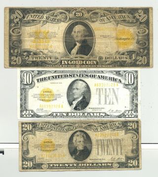 $10 And $20 Small Size Series 1928 And Series 1922 $20 Gold Certificates