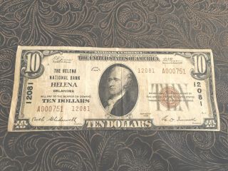 Scarce Helena,  Oklahoma $10.  00 National Bank Note - Fine,