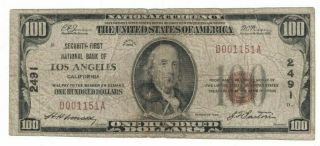 1929 Us $100 Los Angeles Bank Of 2491 National Currency Brown Seal Note H001151