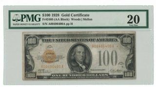 1928 Us $100 Dollar Gold Certificate Seal Pmg 20 Vf Aa Block Bank Note H00496400