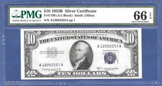 1953b $10 Silver - Certificate ♚♚ Smith & Dillon ♚♚ Pmg Gem Unc 66 Epq