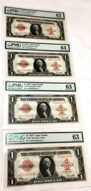 Fr.  40 1923 $1 Legal Tender Pmg Set Of 4 Consecutive Serial Numbers Red Seal Unc