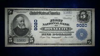1902 $5 Plain Back National Bank Boyen City,  Michigan Vf