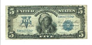 1899 $5 Indian Chief " Onepapa " Silver Certificate Horse - Blanket.  Fr 275.  Look