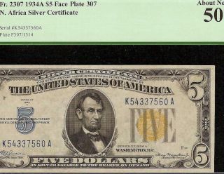 1934 A $5 Dollar Face Plate 307 Yellow Seal Silver Certificate Wwii Note Pcgs 50
