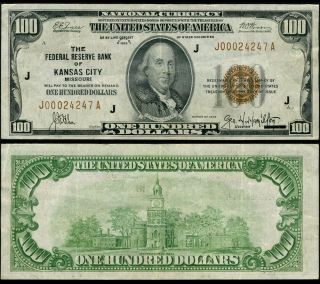 Fr.  1890 J $100 1929 Federal Reserve Bank Note Kansas City Vf,