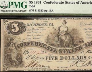 1861 $5 Dollar Confederate States Currency Civil War Note Money T - 36 Pmg 35 Epq