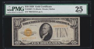 Us 1928 $10 Gold Certificate Star Note Fr 2400 Pmg 25 Vf (215)