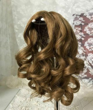 French Human Hair Doll Wig Very Long Light Brown Center Part Curly 10 - 11 Vintage