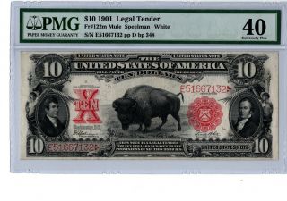 1901 $10 Legal Tender Note - Bison Fr 122m Mule Speelman/white Pmg 40 19 - C167