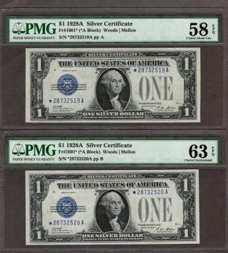 2 Consecutive 1928a $1.  00 Silver Certificate Star Notes,  Pmg 58 & 63,  Both Epq