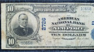 1902 $10 THE AMERICAN NATIONAL BANK OF NEWPORT,  KY NATIONAL CURRENCY CH.  2726 3