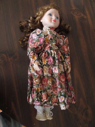 Treasured Heirloom Porcelain Doll 16 " Tall Light Brown Hair Flower Dress