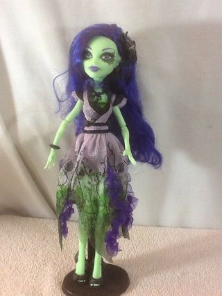 Monster High Doll Green Skin Purple Hair Purple Floral Fairy Dress Black Sandals