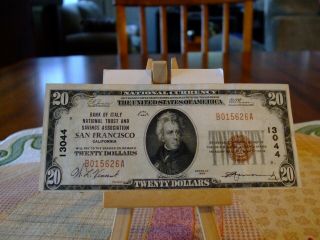1929 $20 Ntl Currency Bank Of Italy Ntl Trust & Saving Assoc,  San Francisco Ca.