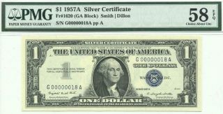 1957 A $1 Silver Certificate Pmg 58 Epq Low 2 Digit Serial Number 18