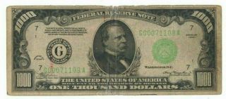 1934 Us Federal Reserve $1000 One Thousand Dollar Bill G Chicago Note H00071109