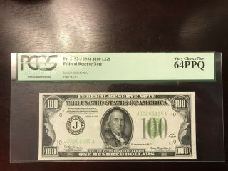 1934 $100 Federal Reserve Note Lgs Kansas City Fr 2152 - J Light Green Pcgs 64 Ppq