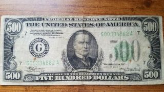 1934a $500 Five Hundered Dollar Bill Federal Reserve Note G Chicago