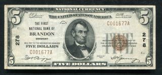 1929 $5 The First National Bank Of Brandon,  Vt National Currency Ch.  278