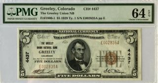 1929 $5 Greeley Union National Bank Greeley Colorado Ch 4437 Choice Unc 64 Epq