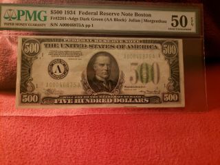 1934 $500 Five Hundred Dollar Bill Federal Reserve Note Boston Pmg 50 Epq