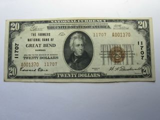 1929 National Currency $20 Farmers N Bank Of Great Bend Kansas - 5917
