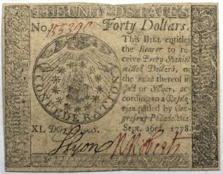 September 26,  1778 Continental Currency $40,  Fr.  Cc - 84,  Pmg 53 Epq
