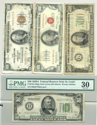 $650 Fv In $100 1966 Usn,  $100 1929 Frbn,  A 1928 Frn $50 Bill And A $500 Bill