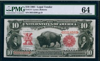 Fr 114 $10 1901 Legal Tender " Bison " Note Pmg 64 Unc.  Note