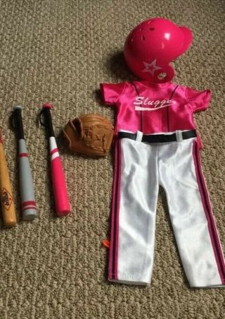 American Girl Doll Softball/ Baseball Uniform W/ Bats,  Helmet,  Glove.