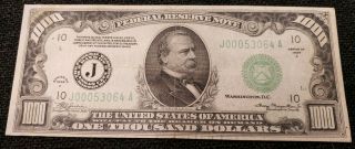 1934 A $1000 Federal Reserve One Thousand Dollar Note Kc Missouri