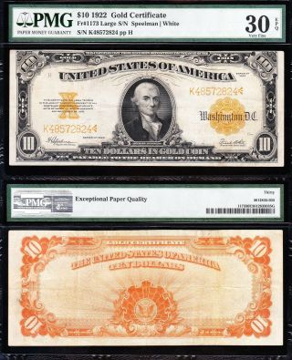 Awesome Crisp Choice Vf,  1922 $10 Gold Certificate Pmg 30 Epq