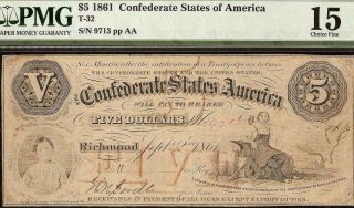 1861 $5 Dollar Bill Confederate States Currency Civil War Note Money T - 32 Pmg 15