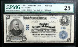 1902 $5 First Nb Of St.  Clairsville,  Oh National Currency Pmg 25 Vf Ch 315 Fr598