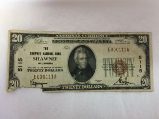 1929 $20 Twenty Dollar National Currency Bank Note Shawnee Oklahoma