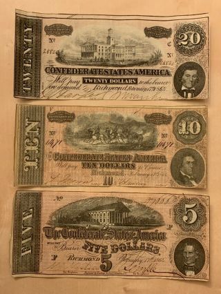 1864 $5 $10 $20 The Confederate States Of America.  Richmond.  3 Notes