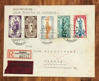 Danzig Zoppot 1937 Airmail Set 276 - 280 On Express Registered Cover 00747 Rare