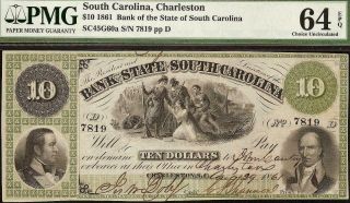 Large 1861 $10 Dollar South Carolina Bank Note Currency Paper Money Pmg 64 Unc