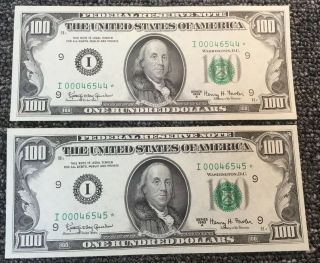 Consecutive 1963a Series $100 Star Notes One Hundred Dollar Bills Low Serial 