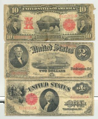 $1 And $2 Series 1917 And $10 Series 1901 Bison United States Notes