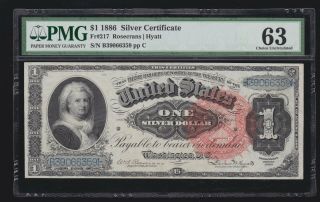 Us 1886 $1 Martha Silver Certificate Fr 217 Pmg 63 V Ch Cu (359)