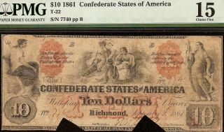 1861 $10 Dollar Bill Confederate States Currency Civil War Note Money T - 22 Pmg