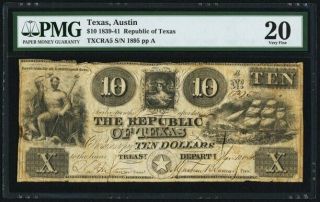 Republic Of Texas $10 1839 - 1841 Pmg 20 Very Fine Obsolete Currency